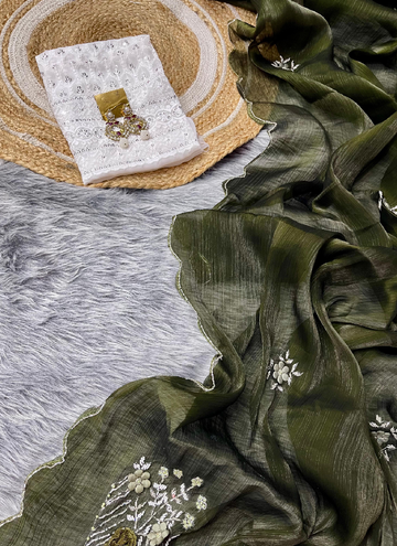 Elegant Olive green Jimmy choo party wear handwork and cutdana saree